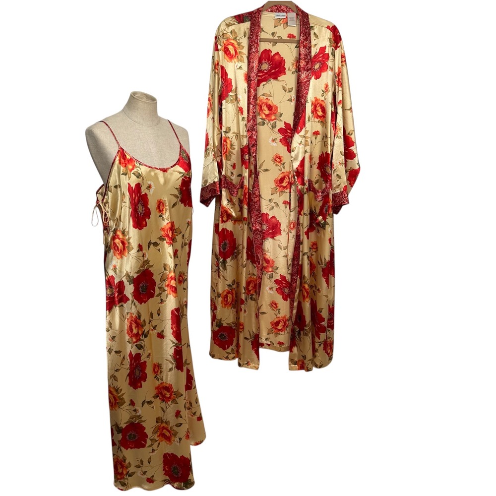 Delicates Strappy Nightgown Robe Satin Set L Gold Red Floral Poppy Lounge Kimono